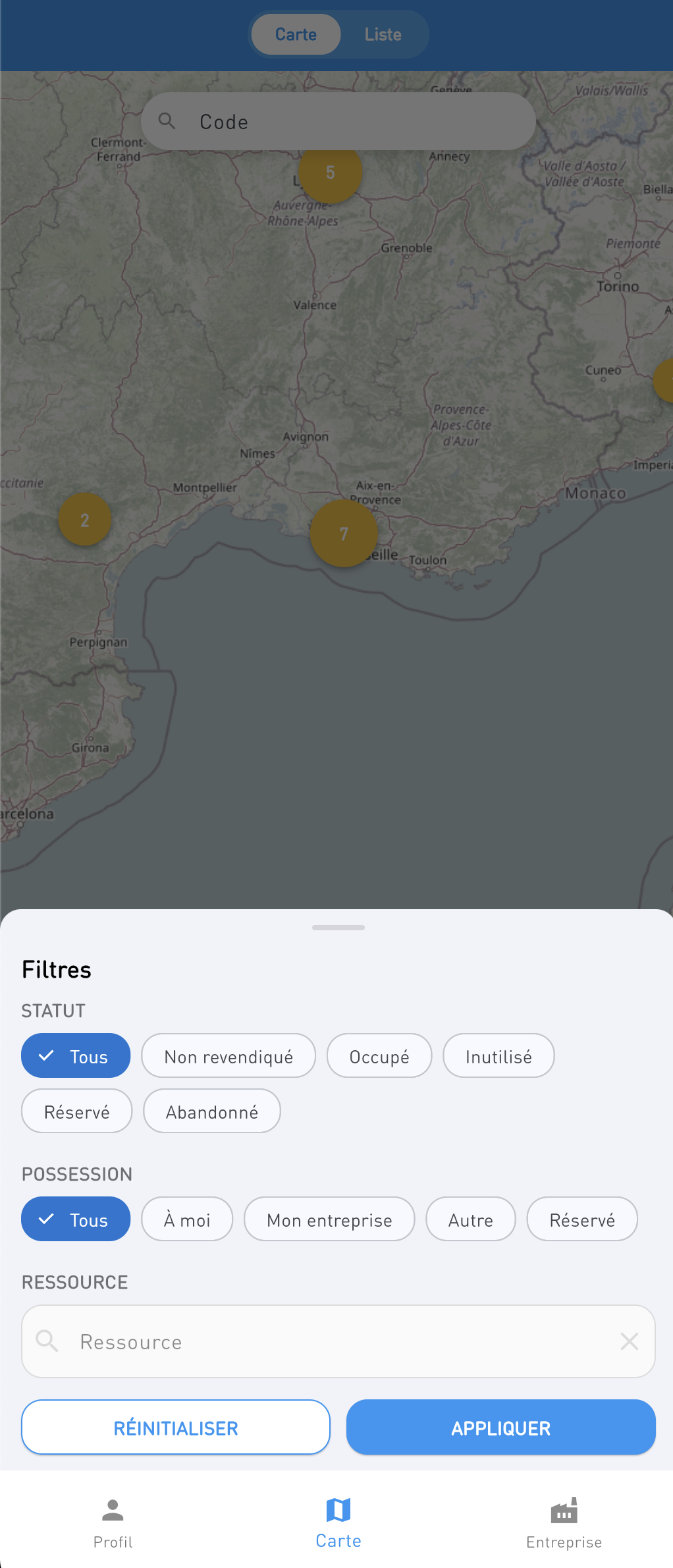 Nouveaux filtres sur la carte des terrains Investycoon
