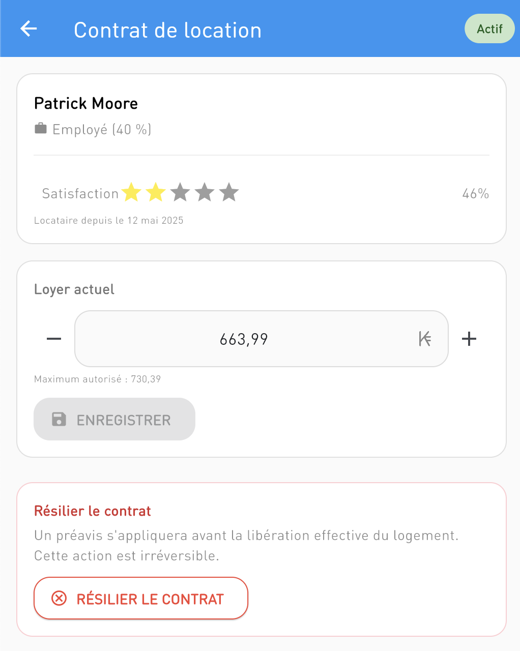 Écran de contrat de location Investycoon